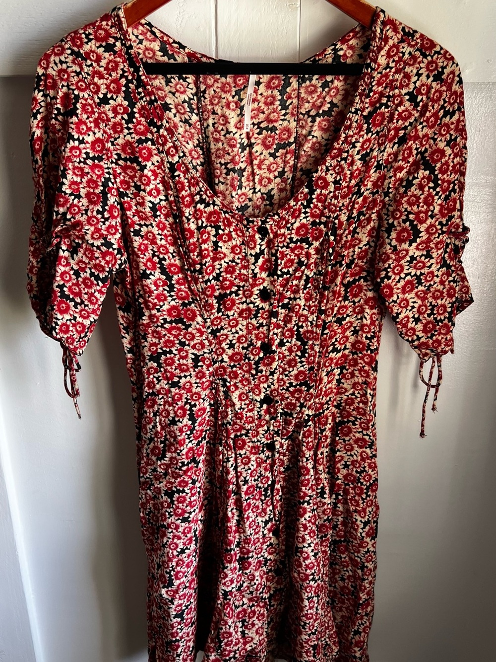 Free People Red Floral Midi Dress with Button Front corset ties on back and arms